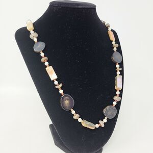 Boho Natural Bead Necklace Horn Slices Howlite Raw Abalone Chunks Stones 26"